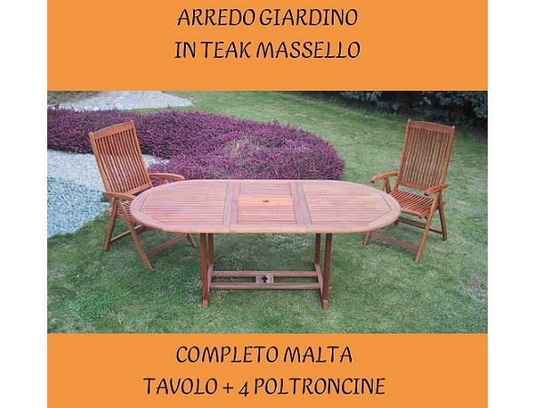 SET GIARDINO MALTA IN LEGNO TEAK MASSELLO THAILANDESE - TAVOLO OVALE ALLUNGABILE E 4 POLTRONCINE PIEGHEVOLI CON BRACCIOLI E SCHIENALE REGOLABILE